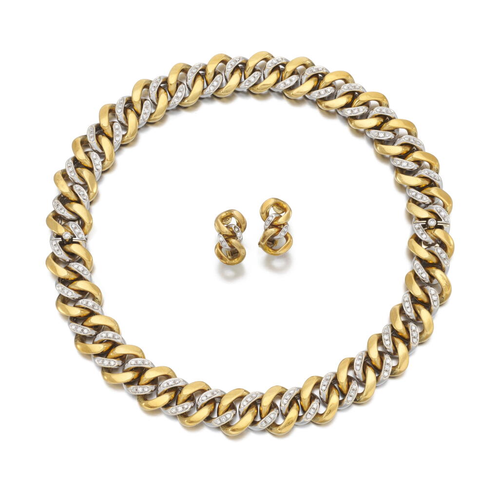 View full screen - View 1 of Lot 165. Diamond necklace/pair of bracelets and ear clips | Collier/paio di bracciali e orecchini in diamanti.