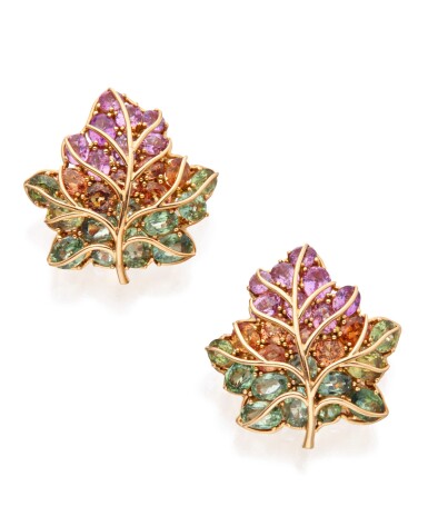 View full screen - View 1 of Lot 301. PAIR OF GOLD AND MULTI-COLORED SAPPHIRE 'LEAF' EARCLIPS, VERDURA .