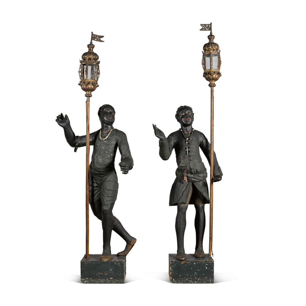 View full screen - View 1 of Lot 85. A pair of Italian near-lifesize polychrome decorated figural standard bearers, Venice, 18th century.