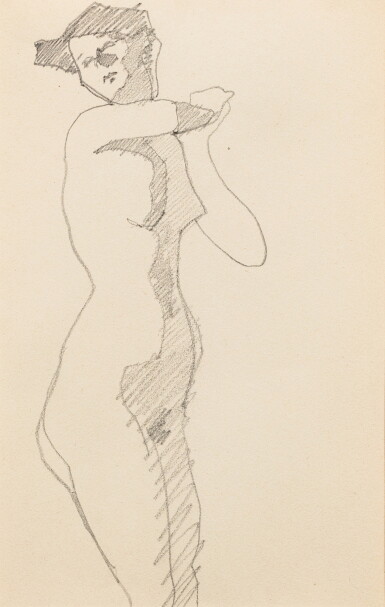 View full screen - View 1 of Lot 241. Femme nue debout de trois quarts vers la droite, mains réunies au niveau de l'épaule gauche (recto); Cinq têtes d'hommes dont un autoportrait de Modigliani (verso).