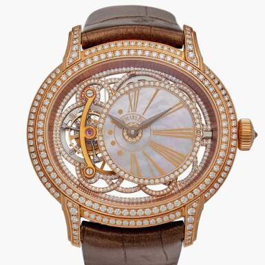 View full screen - View 1 of Lot 160. Reference 26354OR.ZZ.D812CR.01 Millenary | A pink gold and diamond-set skeletonized tourbillon wristwatch with mother-of-pearl dial, Circa 2015.