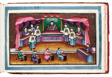 View full screen - View 1 of Lot 282. Album of paintings, c.1830 | Examination of a Mandarin and a decorated album cover.