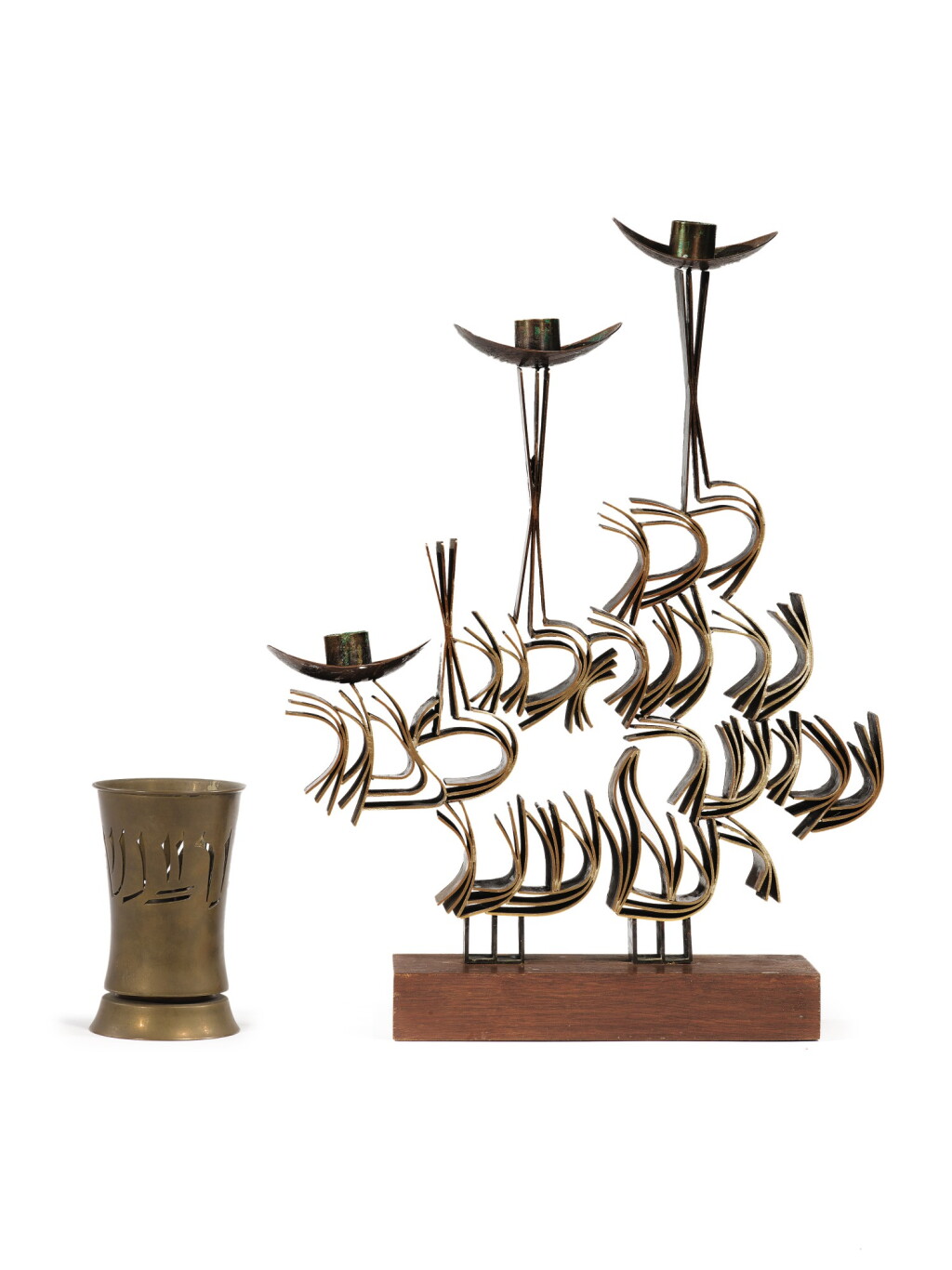 View full screen - View 1 of Lot 132. AN AMERICAN BRONZE SABBATH CANDELABRUM AND BRASS MEMORIAL LIGHT, LUDWIG WOLPERT, NEW YORK, CIRCA 1965.