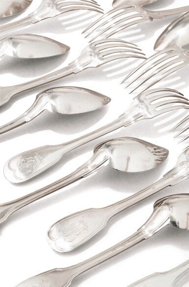 View full screen - View 1 of Lot 112. A SILVER FLATWARE SET COMPRISING 24 TABLE FORKS, 24 TABLE SPOONS AND 1 CREAM SPOON, MAINLY HÉNIN ET CIE, PARIS, CIRCA 1880 | ENSEMBLE DE 24 FOURCHETTES DE TABLE, 24 CUILLÈRES DE TABLE ET 1 CUILLÈRE À COMPOTE EN ARGENT, LA MAJORITÉ PAR HÉNIN ET CIE, PARIS, VERS 1880.
