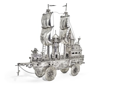 View full screen - View 1 of Lot 141. A MASSIVE GERMAN SILVER TABLE NEF, PSEUDO MARKS, HANAU, CIRCA 1880.