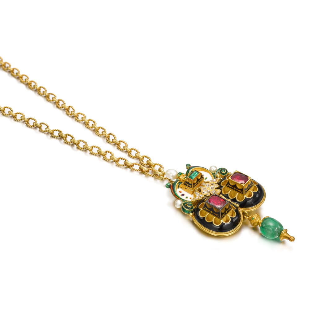 View full screen - View 1 of Lot 65. Renaissance Revival gem-set, enamel and gold pendant/necklace, circa 1860.