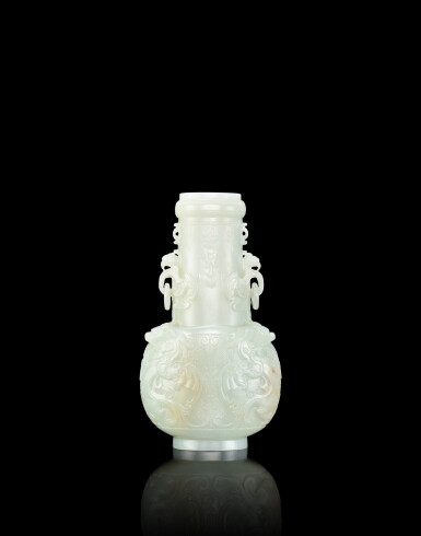 View full screen - View 1 of Lot 3813. A white jade 'yingxiong' vase, Qing dynasty, Qianlong period | 清乾隆 白玉鷹熊雙環耳長頸瓶.