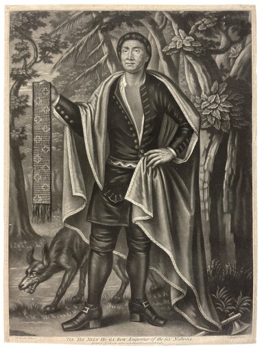 View full screen - View 1 of Lot 1040. Simon, John | Mezzotint of Tee Yee Neen Ho Ga Row, one of the "Four Kings" who met Queen Anne in 1710.