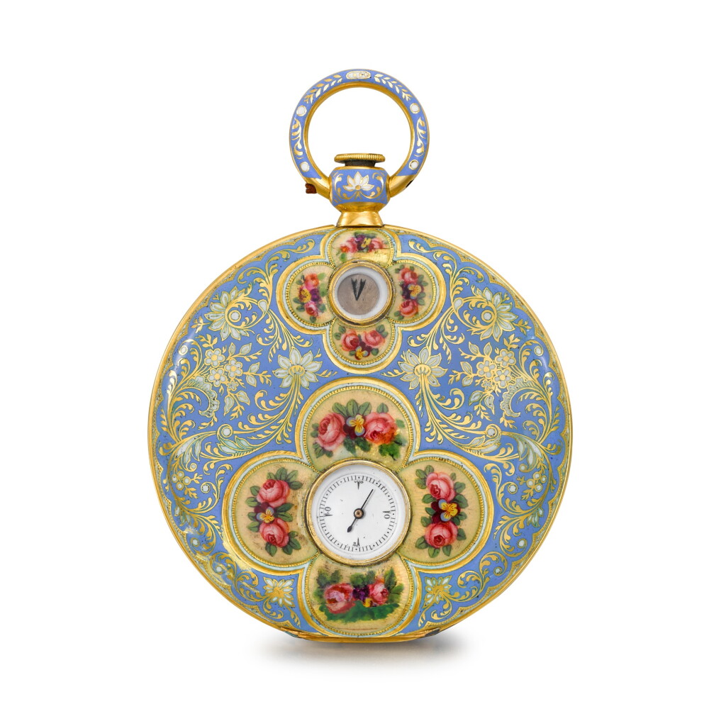 View full screen - View 1 of Lot 1359. A rare gold and enamel jump hour half-hunting-style cylinder watch made for the Ottoman market Circa 1830, no. 4514.
