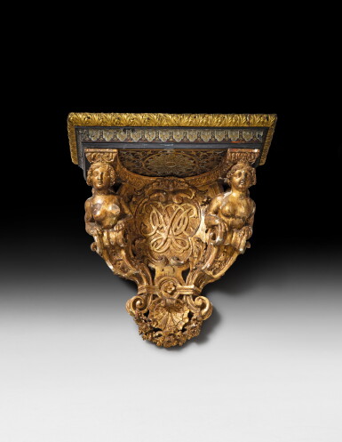 View full screen - View 1 of Lot 14. A tortoiseshell, brass and pewter marquetry, giltwood console d'applique, Louis XIV, circa 1700 probably after Oppenordt | Console d'applique en marqueterie d'écaille brune, cuivre et étain, bois doré Louis XIV, probablement d'après Oppenordt.