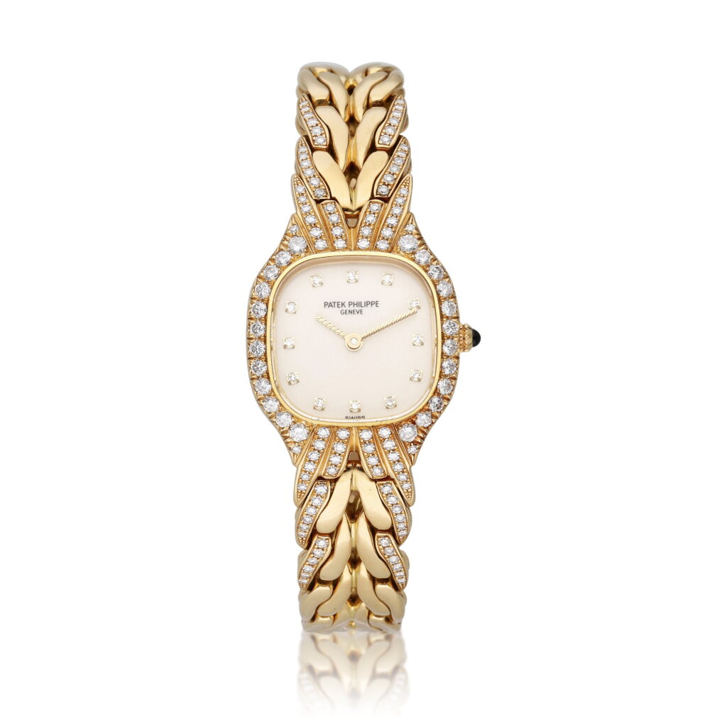 View full screen - View 1 of Lot 107. Reference 4815/3J-001 La Flamme | A yellow gold and diamond-set cushion shaped bracelet watch, Circa 1997.