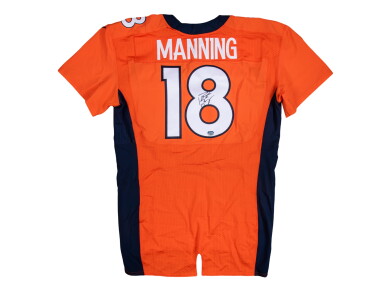 View full screen - View 1 of Lot 93. 2015 Peyton Manning Game Used, Photo Matched & Signed Super Bowl Winning Season Broncos Jersey 10-4-15 2nd Half vs Vikings–Last Ever Regular Season TD Pass (NFL-PSA/DNA, Fanatics & Sports Investors).