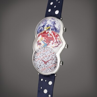 View full screen - View 1 of Lot 517. Reference 90.15.980 Artist's Series 'Elapse, Eclipse, Ellipse' by James Rosenquist | A sterling silver wristwatch with three dials, Circa 1991.