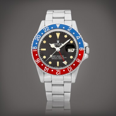 View full screen - View 1 of Lot 8853. GMT-Master, Reference 1675 | A stainless steel dual time zone wristwatch with date and bracelet, Circa 1973 | 勞力士 | 精鋼兩地時間鏈帶腕錶,備日期顯示,約1973年製.