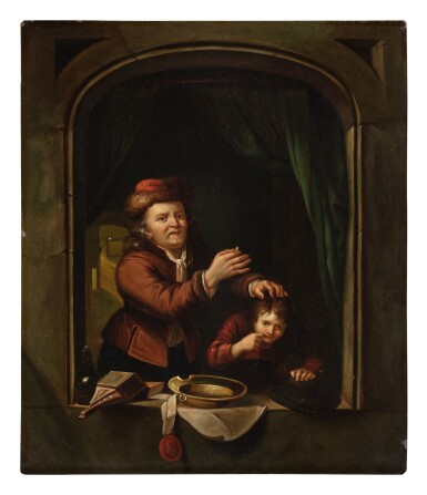 View full screen - View 1 of Lot 70. Dentist and his patient behind a window ledge.