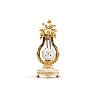 View full screen - View 1 of Lot 121. A Louis XVI gilt-bronze and white marble lyra mantel clock, circa 1790.
