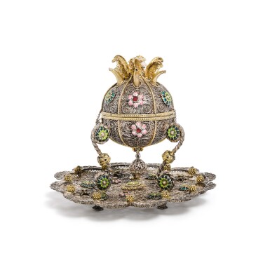 View full screen - View 1 of Lot 34. A parcel-gilt silver filigree, enamel and coloured glass set incense burner, East Indies, 18th century.