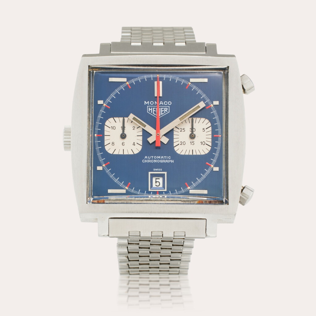 View full screen - View 1 of Lot 123. Reference 1133B Monaco | A stainless steel square automatic chronograph wristwatch with date, Circa 1971.