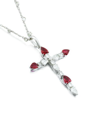 View full screen - View 1 of Lot 266. Ruby and diamond pendant and chain.