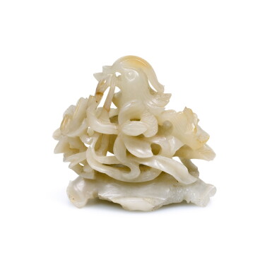 View full screen - View 1 of Lot 214. A WHITE AND RUSSET JADE 'MANDARIN DUCK' FINIAL, YUAN DYNASTY | 元 青白玉鏤雕寶鴨紋爐頂.