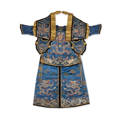 View full screen - View 1 of Lot 644. A blue-ground silk embroidered military officer's ceremonial armor, Qing dynasty, 18th / 19th century | 清十八 / 十九世紀 藍地繡金龍銅釘儀仗棉甲.