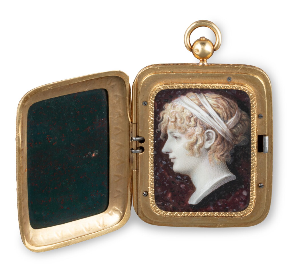 View full screen - View 1 of Lot 83. A French rectangular miniature on ivory representing a woman's head, probably Pauline Bonaparte, in a gold mounted blood jasper frame, attr. to Louis-Bertin Parant, Paris, circa 1800 | Miniature rectangulaire sur ivoire représentant une tête de femme, probablement Pauline Bonaparte, dans un cadre en jaspe sanguin, attribuée à Louis-Bertin Parant, Paris, vers 1800.