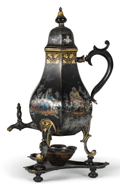 View full screen - View 1 of Lot 44. A TÔLE PEINTE HOTWATER URN AND STAND, NORTH GERMAN OR DUTCH, LATE 18TH/EARLY 19TH CENTURY.