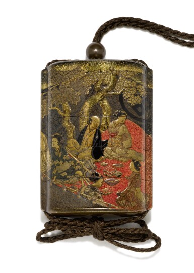 View full screen - View 1 of Lot 90. A FOUR-CASE INRO WITH KAKIHAN, SIGNED NANIWA SHOJUSAI | EDO PERIOD, 19TH CENTURY.