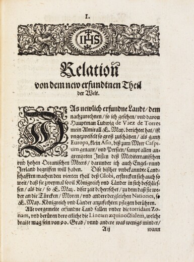 View full screen - View 1 of Lot 8. QUIROS. Relation ... von dem new erfundnem vierten theil der Welt... Augsbourg, 1611. In-4. Maroquin rouge de Lortic..