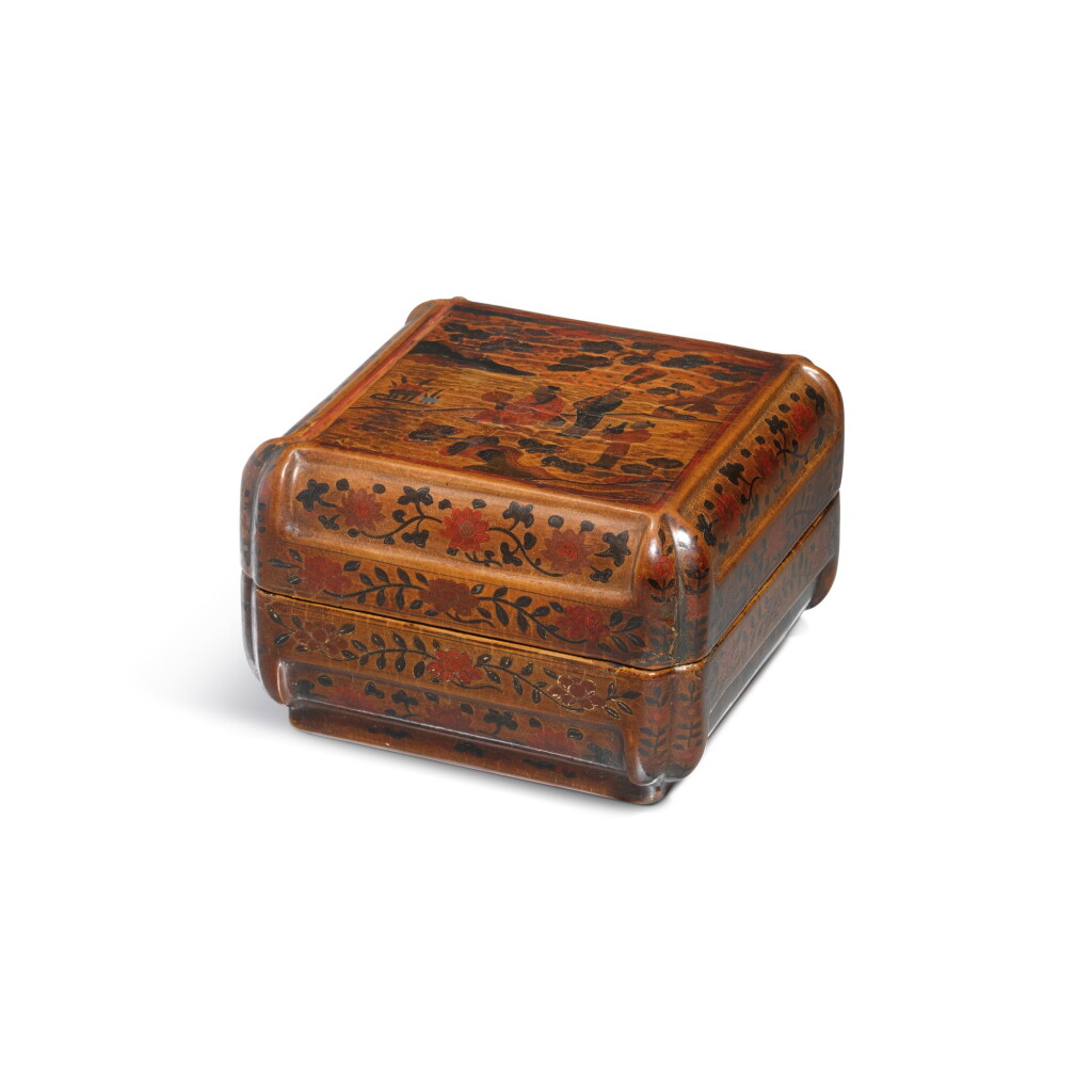View full screen - View 1 of Lot 3666. A rare 'qiangjin' and 'tianqi' lacquer 'scholar' box and cover Mark and period of Wanli, dated to the gengxu year, corresponding to 1610 | 明萬曆 戧金填漆周敦頤賞蓮圖委角方盒 《大明萬曆庚戌年製》款.