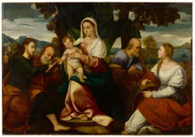 View full screen - View 1 of Lot 10. BONIFACIO DE' PITATI CALLED BONIFAZIO VERONESE AND WORKSHOP | Holy Family with Saints James Major, Jerome and Catherine of Alexandria.
