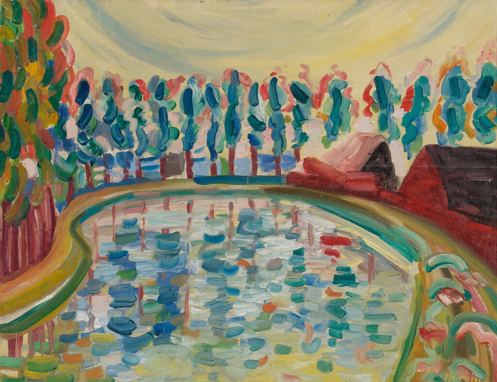 View full screen - View 1 of Lot 199. Peupliers près d'un lac.