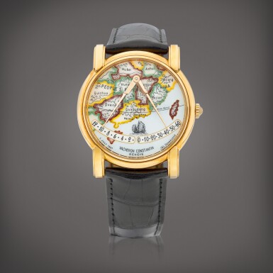 View full screen - View 1 of Lot 706. Mercator, Reference 43050 | A limited edition pink gold retrograde wristwatch with champlevé enamel dial, Made to celebrate the handover of Hong Kong to China, Made in 1996 | 江詩丹頓 | Mercator 型號43050 | 限量版粉紅金逆跳腕錶,備內填琺瑯錶盤,為慶祝香港回歸而製,1996年製.