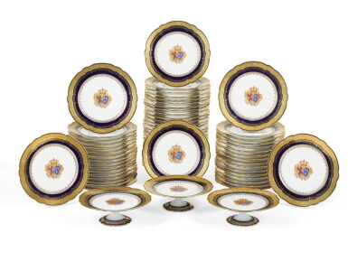 View full screen - View 1 of Lot 96. A FRENCH PORCELAIN ROYAL DATED ARMORIAL PART DESSERT SERVICE, 1886, PILLIVUYT ET CIE., PARIS.