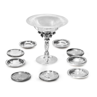 View full screen - View 1 of Lot 36. A Danish silver Grapevine tazza, No. 263B, and two sets of butter pats, Nos. 41 and 600A, Georg Jensen Silversmithy, Copenhagen, 20th century.