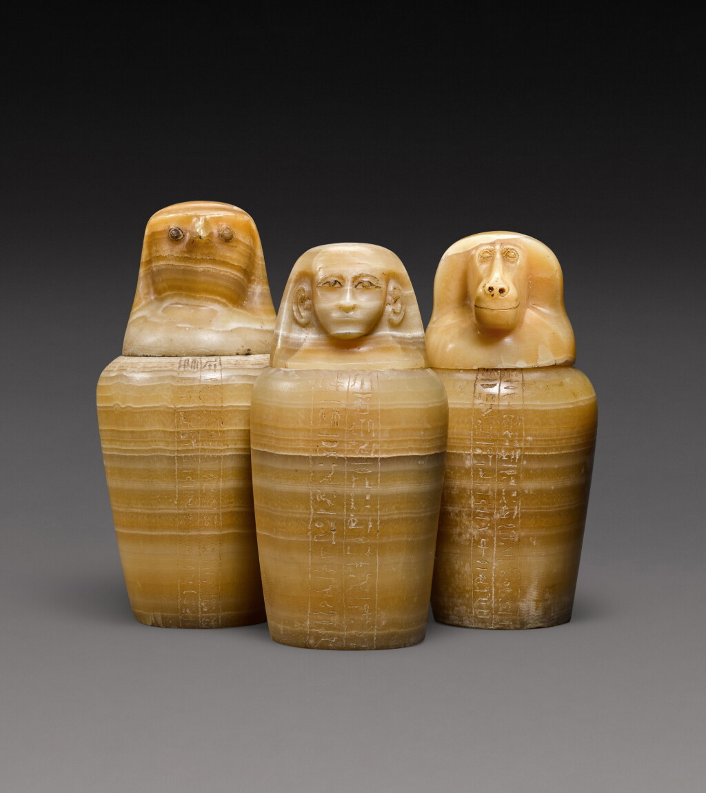 View full screen - View 1 of Lot 6. Three Egyptian Alabaster Canopic Jars, 26th Dynasty, 664-525 B.C..