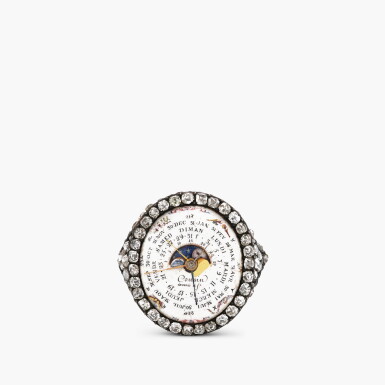 View full screen - View 1 of Lot 2310. An unusual and probably unique pink gold and diamond-set miniature calendar ring, with day, date, month, moonphases, lunar calendar and enamel dial, Circa 1780.