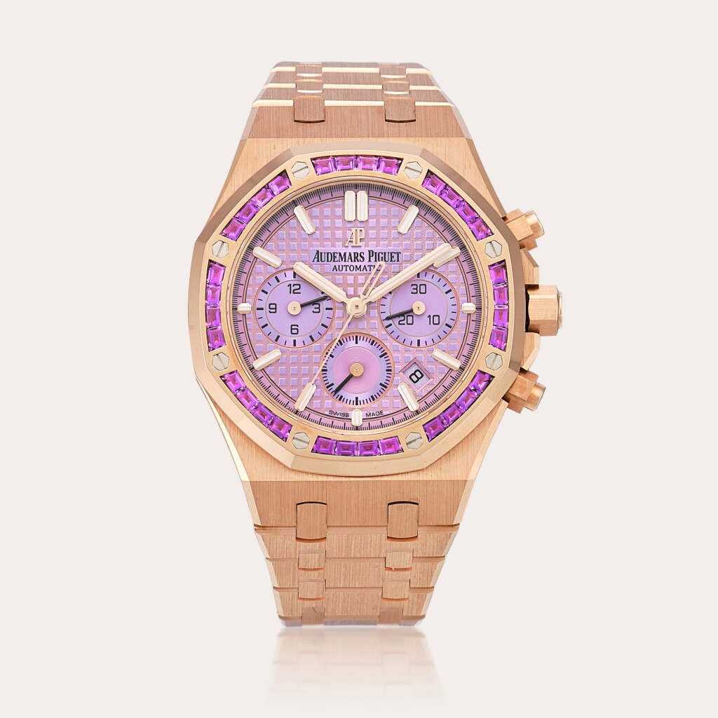 View full screen - View 1 of Lot 2237. Royal Oak, Reference Ref. 26319OR.AY.1256OR.01 | A pink gold and amethyst-set chronograph wristwatch with date and bracelet, Circa 2021.