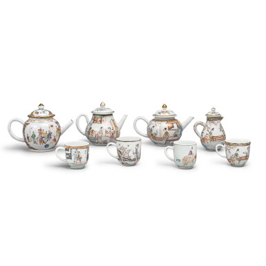 View full screen - View 1 of Lot 1345. A group of gilt-decorated famille-rose 'figural' teawares, Qing dynasty, 18th / 19th century | 清十八 / 十九世紀 粉彩描金人物故事圖瓷器一組八件.