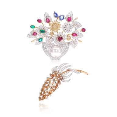 View full screen - View 1 of Lot 972. Pair of diamond, cultured pearl and gem set brooches.