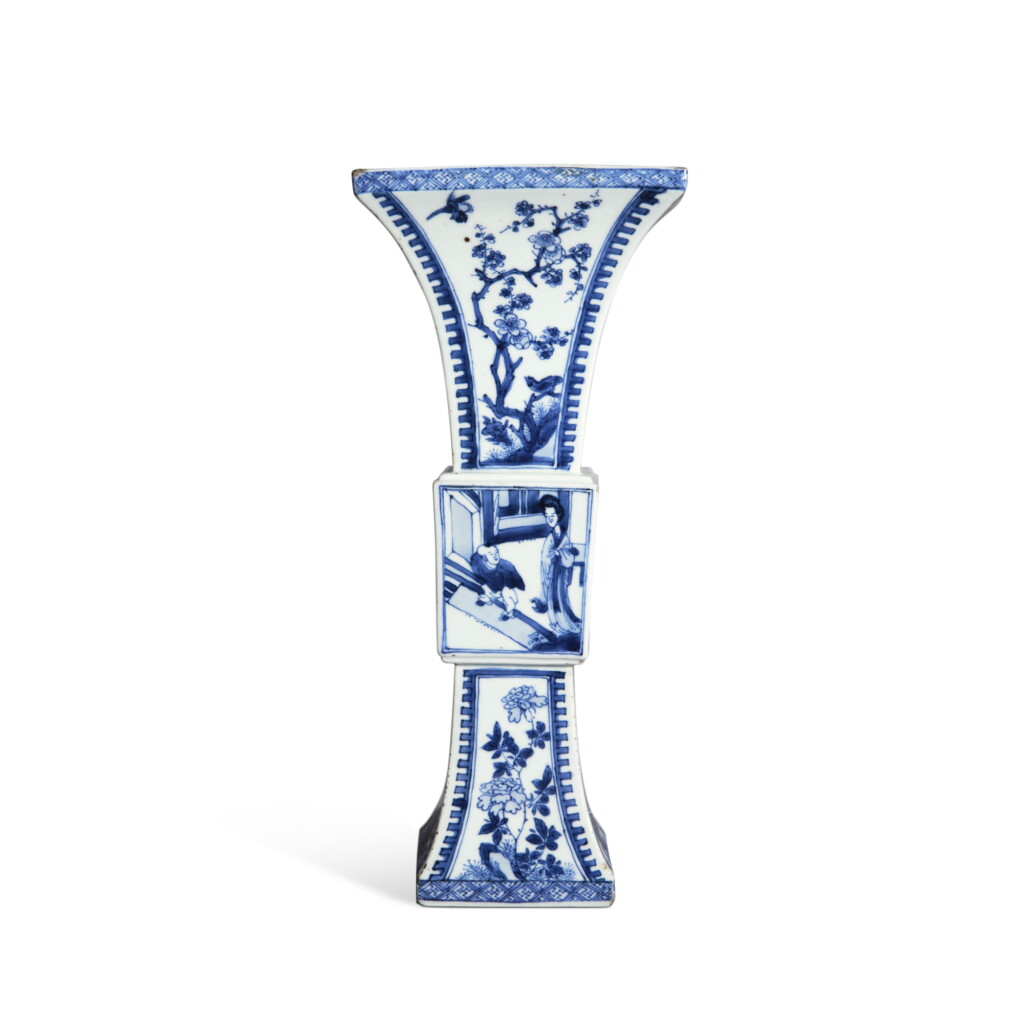 View full screen - View 1 of Lot 649. A blue and white 'The Plum in the Golden Vase' gu-form vase, Qing dynasty, 19th century | 清十九世紀 青花金瓶梅故事圖花觚.