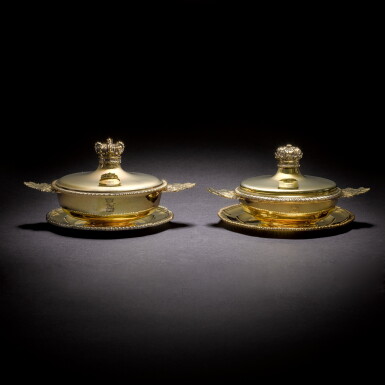 View full screen - View 1 of Lot 13. Royal: A matched pair of George III ecuelles and stands, Thomas Heming, London, 1764, 1770 and 1779.