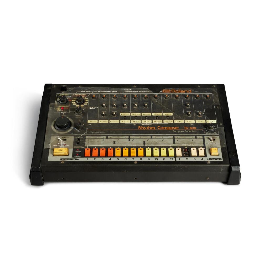 View full screen - View 1 of Lot 9. Roland TR-808 drum machine played on historic first Def Jam single, Jazzy Jay and T La Rock’s “It’s Yours” (1984), with “AFRIKA BAMBAATAA” carved on left side of machine by Afrika Bambaataa.