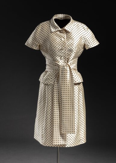 View full screen - View 1 of Lot 39. Haute Couture Ivory Silk Ensemble with Black Polka Dots, Circa 1960.