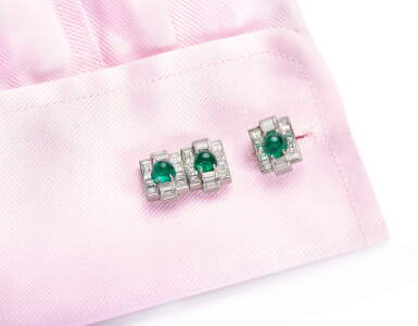 View full screen - View 1 of Lot 1078. CARTIER | PAIR OF EMERALD AND DIAMOND CUFFLINKS, 1950S.