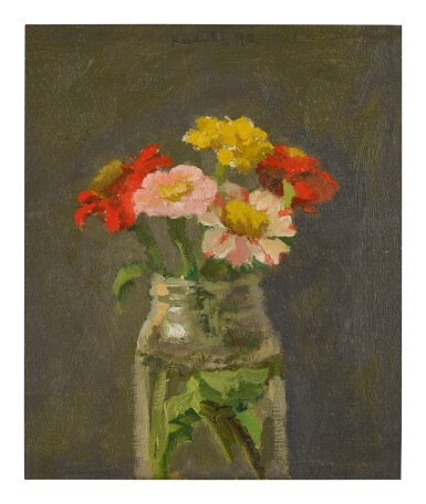 View full screen - View 1 of Lot 74. ROBERT M. KULICKE | ZINNIAS IN GLASS JAR ON DARK GREY BACKGROUND.