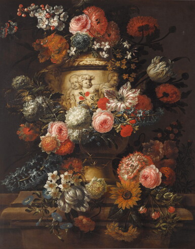 View full screen - View 1 of Lot 332. Carnations, peonies, tulips, morning glory and other flowers in a sculpted urn on a stone ledge.