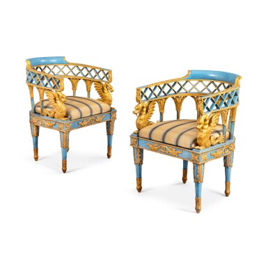View full screen - View 1 of Lot 351. A Pair of Italian Neoclassical Parcel-Gilt and Blue-Painted Armchairs, Sicily, Late 18th Century.