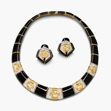 View full screen - View 1 of Lot 1730. Yellow Sapphire, Diamond and Enamel Demi-Parure | 黃色剛玉 配 鑽石 及 琺琅彩 項鏈 及 耳夾套装.