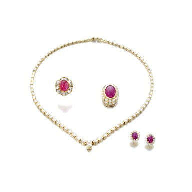 View full screen - View 1 of Lot 1225. Ruby and diamond necklace, Adler and a pair of earrings and ring.